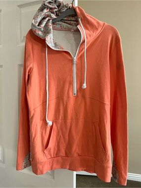 Michelle Mae Coral Half-Zip Hoodie with Floral Detail and thumb holes